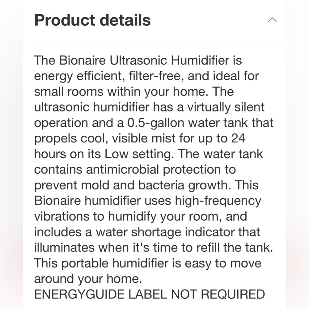 BIONAIRE NWT virtually silent ultrasonic cool mist humidifier -0.5 gallon - Picture 6 of 7